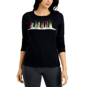 Karen Scott Women's Small Petite Black Embellished Holiday-Graphic T-Shirt NWT
